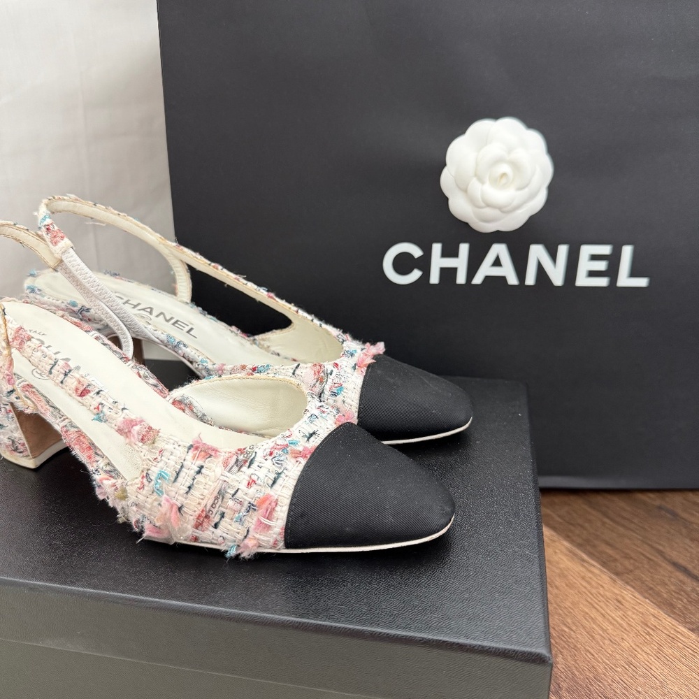 Chanel Midi Heel Slingbacks - Tweed & Grosgrain